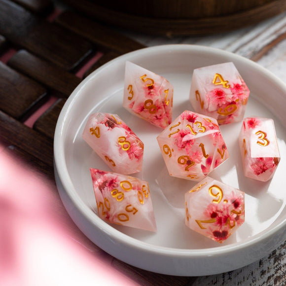 Pink Blossom Handmade Resin DND Dice Set - Bards & Cards