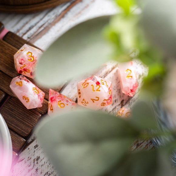 Pink Blossom Handmade Resin DND Dice Set - Bards & Cards