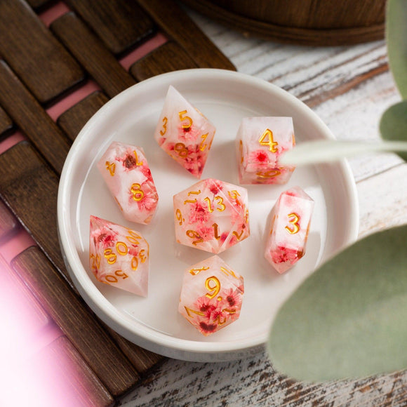 Pink Blossom Handmade Resin DND Dice Set - Bards & Cards