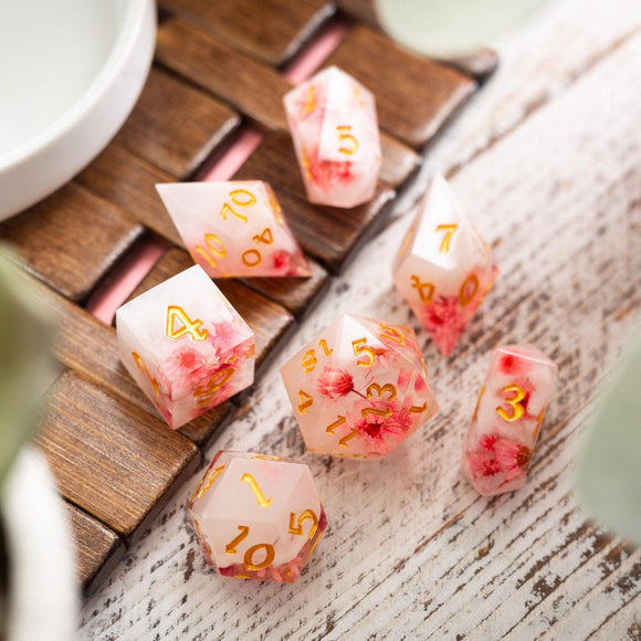 Pink Blossom Handmade Resin DND Dice Set - Bards & Cards