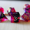Pink/Silver Handmade Sharp Edge Resin DND Dice Set - Bards & Cards