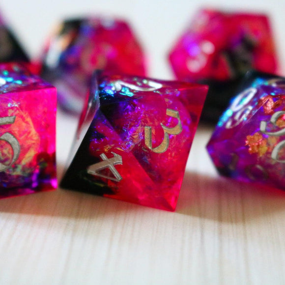 Pink/Silver Handmade Sharp Edge Resin DND Dice Set - Bards & Cards