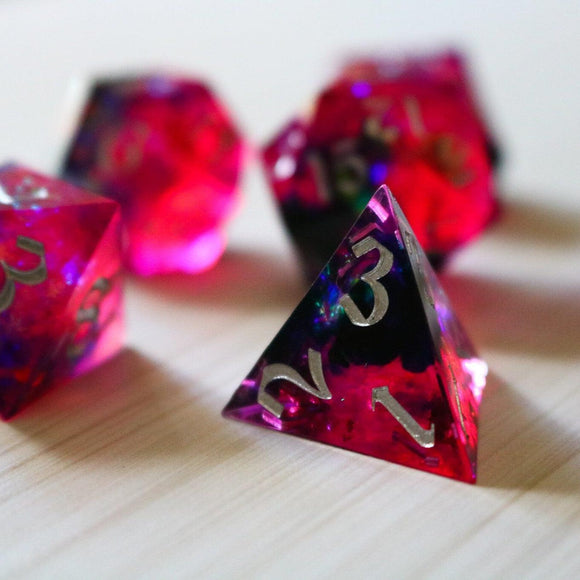 Pink/Silver Handmade Sharp Edge Resin DND Dice Set - Bards & Cards