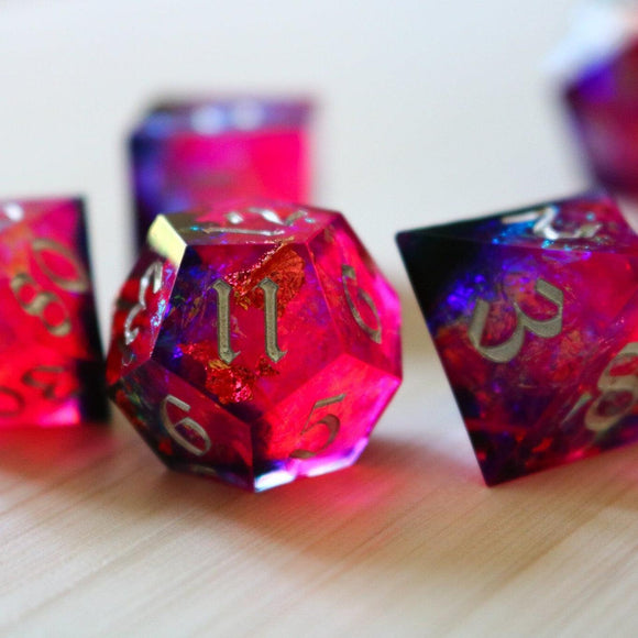 Pink/Silver Handmade Sharp Edge Resin DND Dice Set - Bards & Cards
