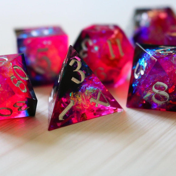 Pink/Silver Handmade Sharp Edge Resin DND Dice Set - Bards & Cards