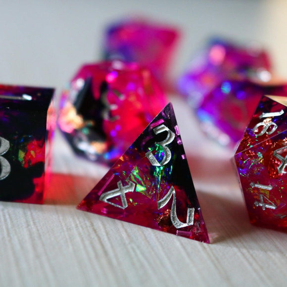 Pink/Silver Handmade Sharp Edge Resin DND Dice Set - Bards & Cards
