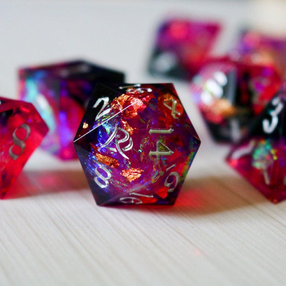 Pink/Silver Handmade Sharp Edge Resin DND Dice Set - Bards & Cards