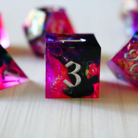 Pink/Silver Handmade Sharp Edge Resin DND Dice Set - Bards & Cards