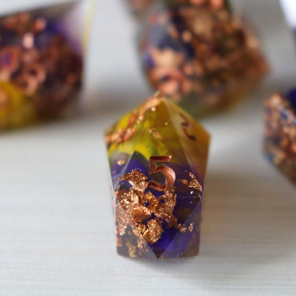 Purple And Gold Handmade Resin DND Dice Set - Bards & Cards