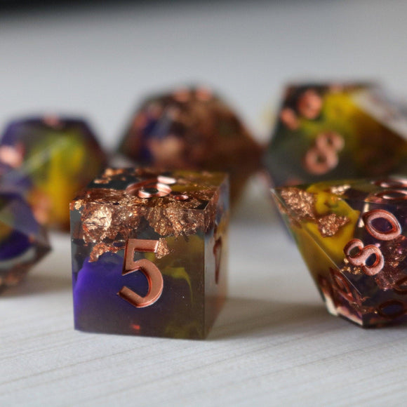 Purple And Gold Handmade Resin DND Dice Set - Bards & Cards