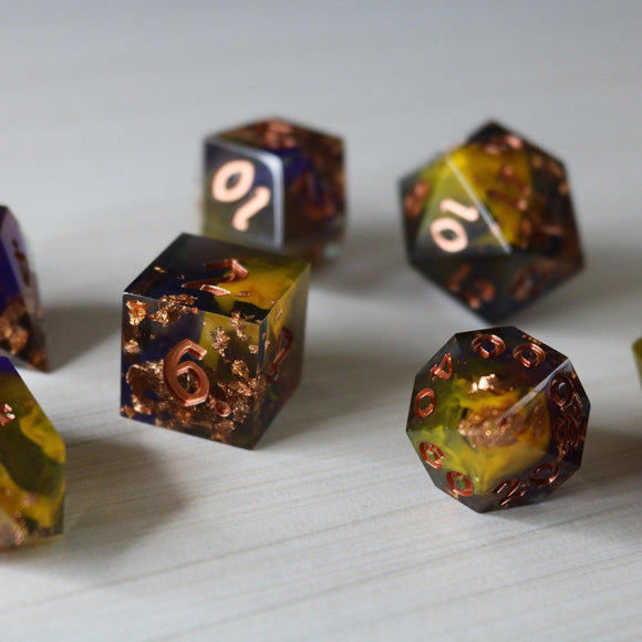 Purple And Gold Handmade Resin DND Dice Set - Bards & Cards