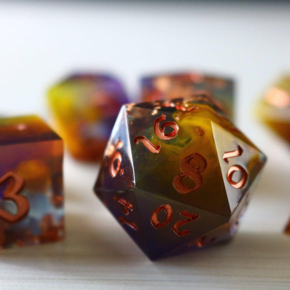 Purple And Gold Handmade Resin DND Dice Set - Bards & Cards