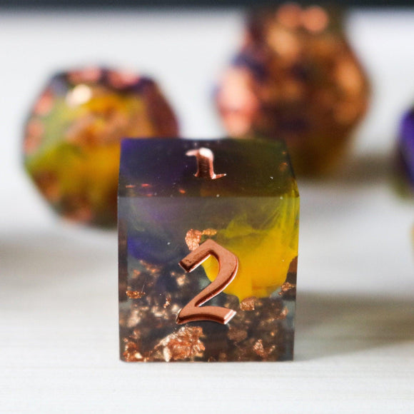 Purple And Gold Handmade Resin DND Dice Set - Bards & Cards
