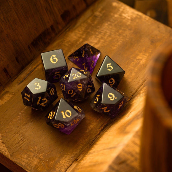 Purple Gemstone Amethyst DND Dice Set - Bards & Cards