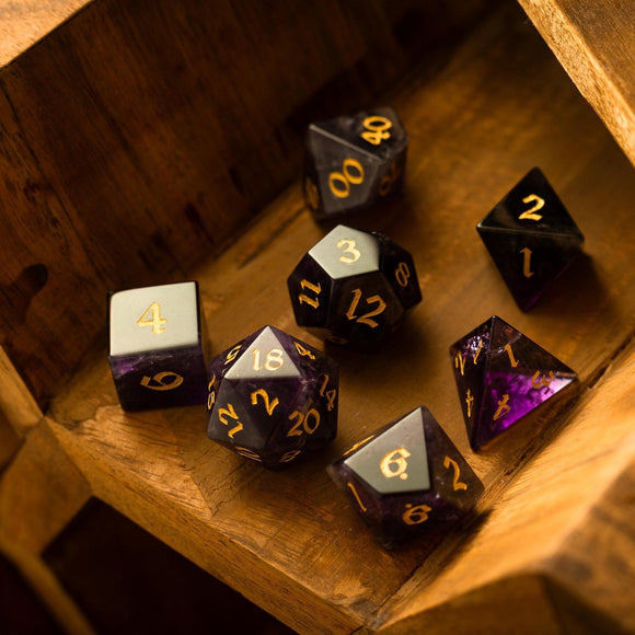 Purple Gemstone Amethyst DND Dice Set - Bards & Cards