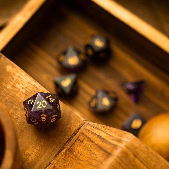 Purple Gemstone Amethyst DND Dice Set - Bards & Cards