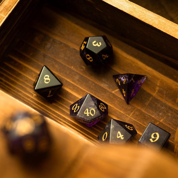 Purple Gemstone Amethyst DND Dice Set - Bards & Cards