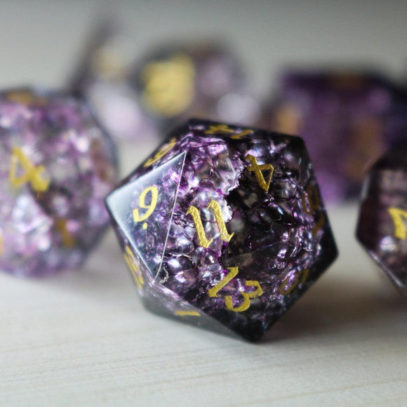 Purple Purge Forge Fire Glass DND Dice Set - Bards & Cards