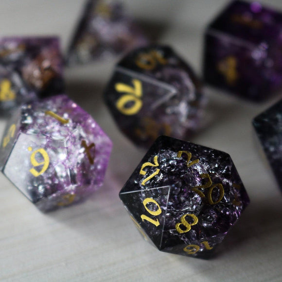 Purple Purge Forge Fire Glass DND Dice Set - Bards & Cards