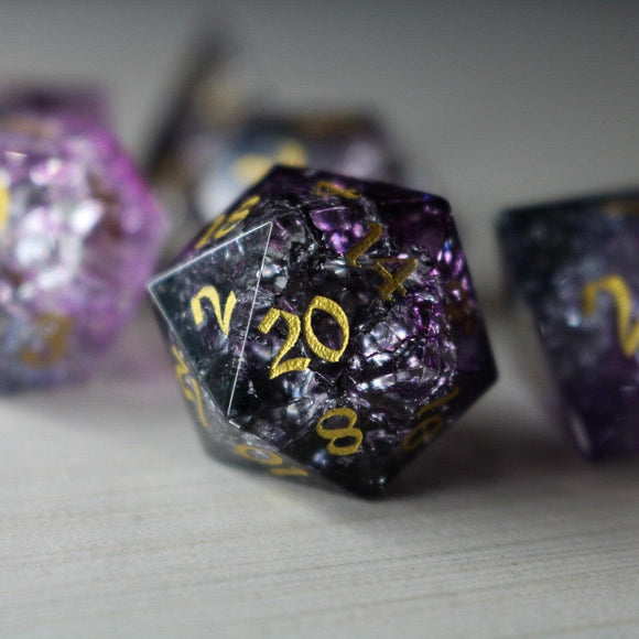 Purple Purge Forge Fire Glass DND Dice Set - Bards & Cards