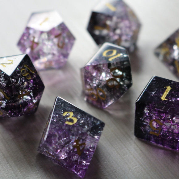 Purple Purge Forge Fire Glass DND Dice Set - Bards & Cards
