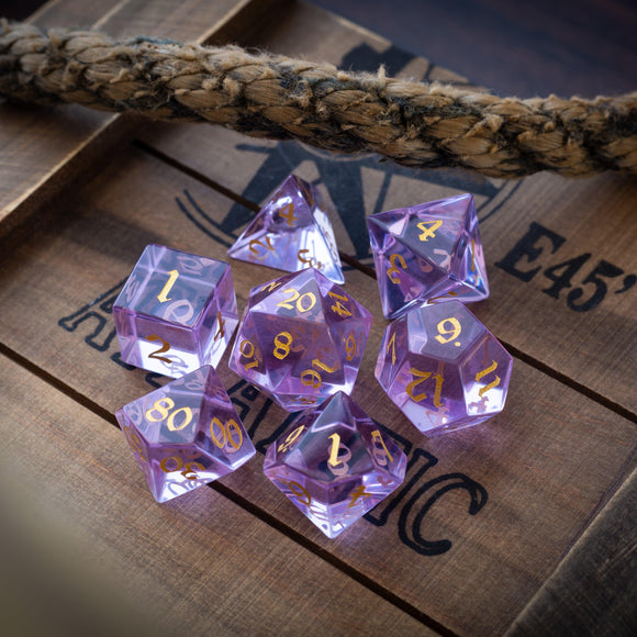 Purple Zircon Glass Hand Carved DND Dice Set - Bards & Cards