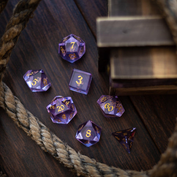 Purple Zircon Glass Hand Carved DND Dice Set - Bards & Cards
