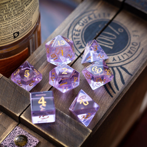 Purple Zircon Glass Hand Carved DND Dice Set - Bards & Cards