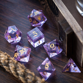 Purple Zircon Glass Hand Carved DND Dice Set - Bards & Cards