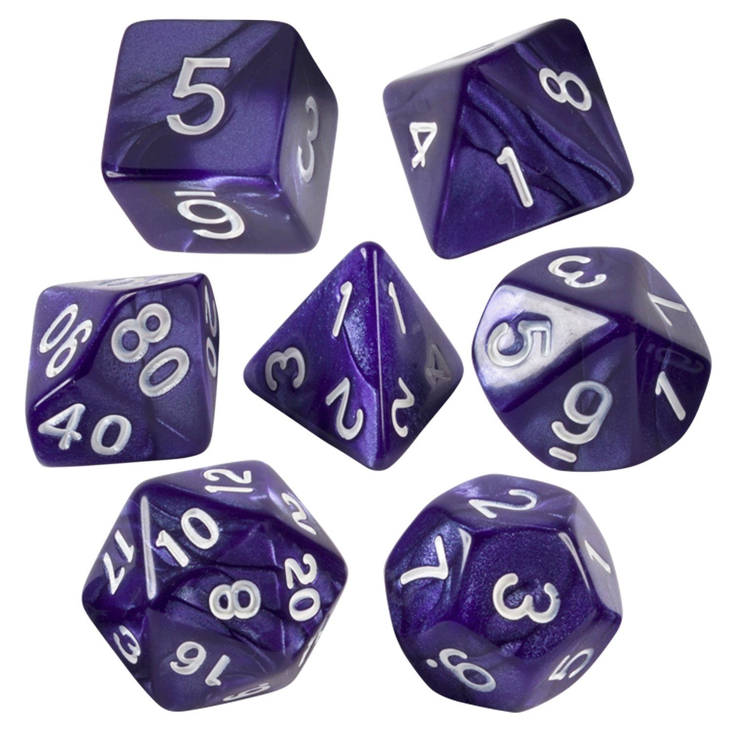 Purple Marbled Dice - 7 Piece Set with Bag - Bards & Cards