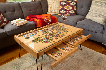 Rustic Puzzle Coffee Table with removable glass top - includes 2 hidden drawers - 24x36" - Bards & Cards