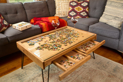 Rustic Puzzle Coffee Table with removable glass top - includes 2 hidden drawers - 24x36" - Bards & Cards