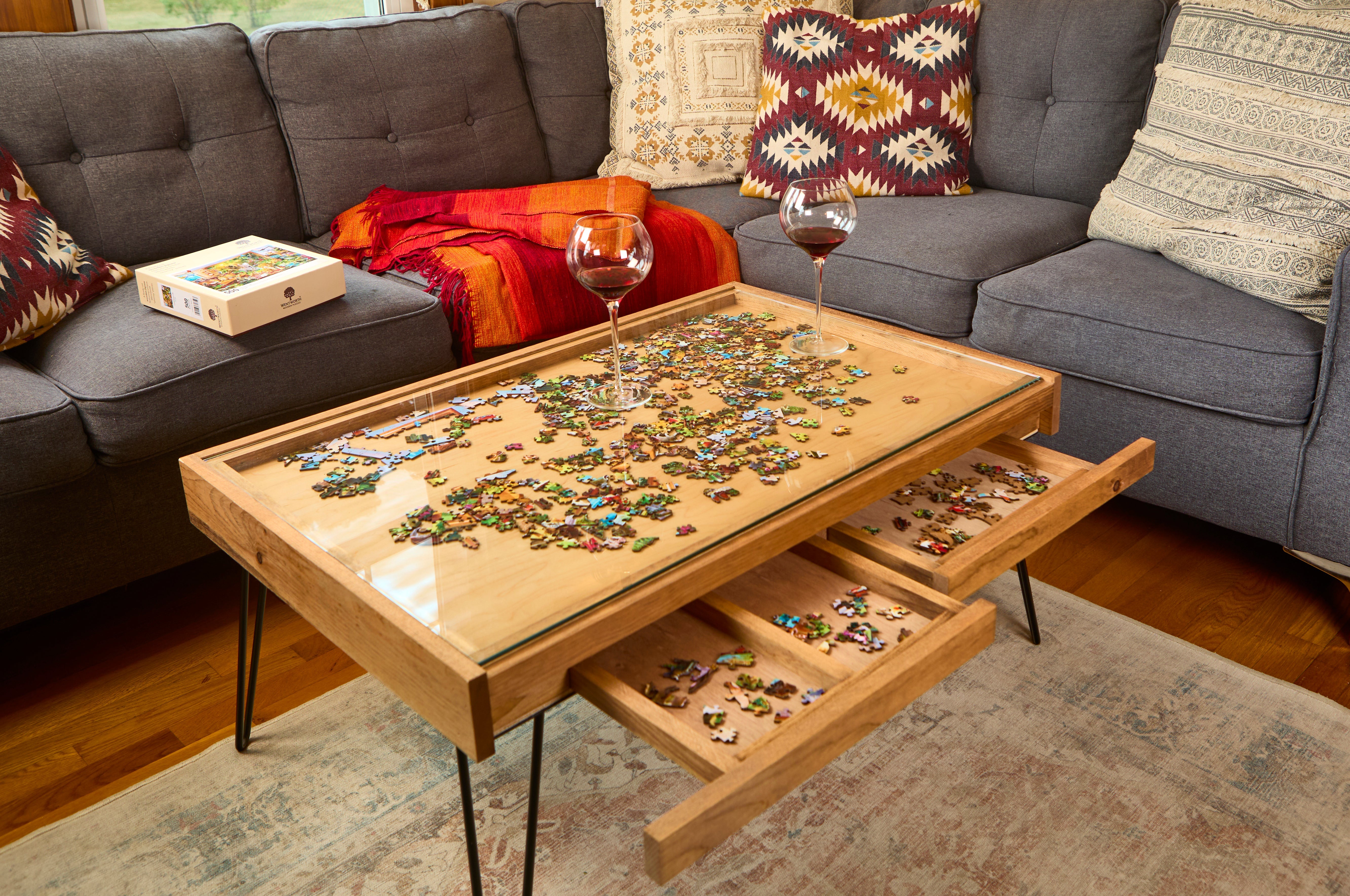 Rustic Puzzle Coffee Table with removable glass top - includes 2 hidden drawers - 24x36"