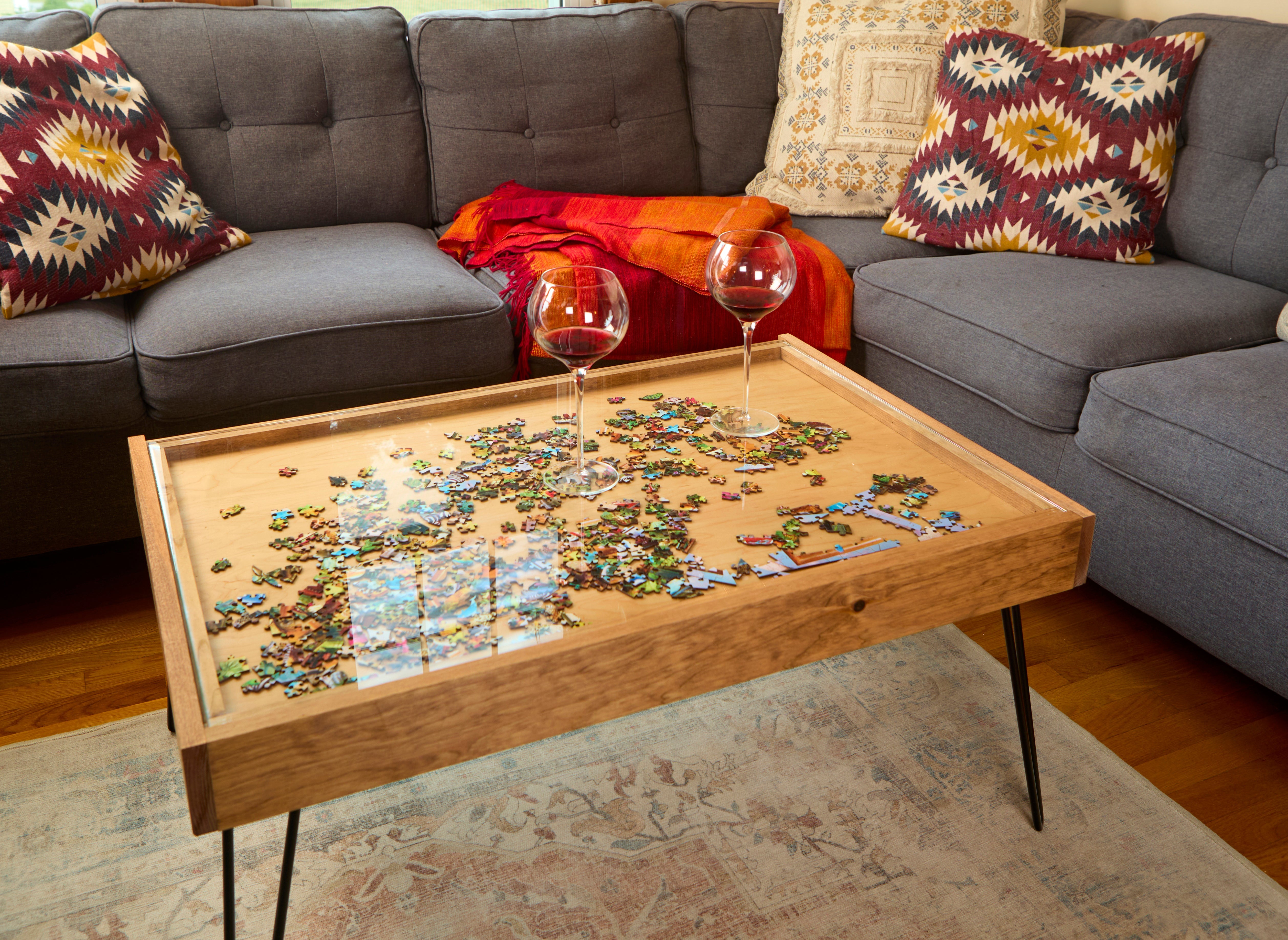 Rustic Puzzle Coffee Table with removable glass top - includes 2 hidden drawers - 24x36"