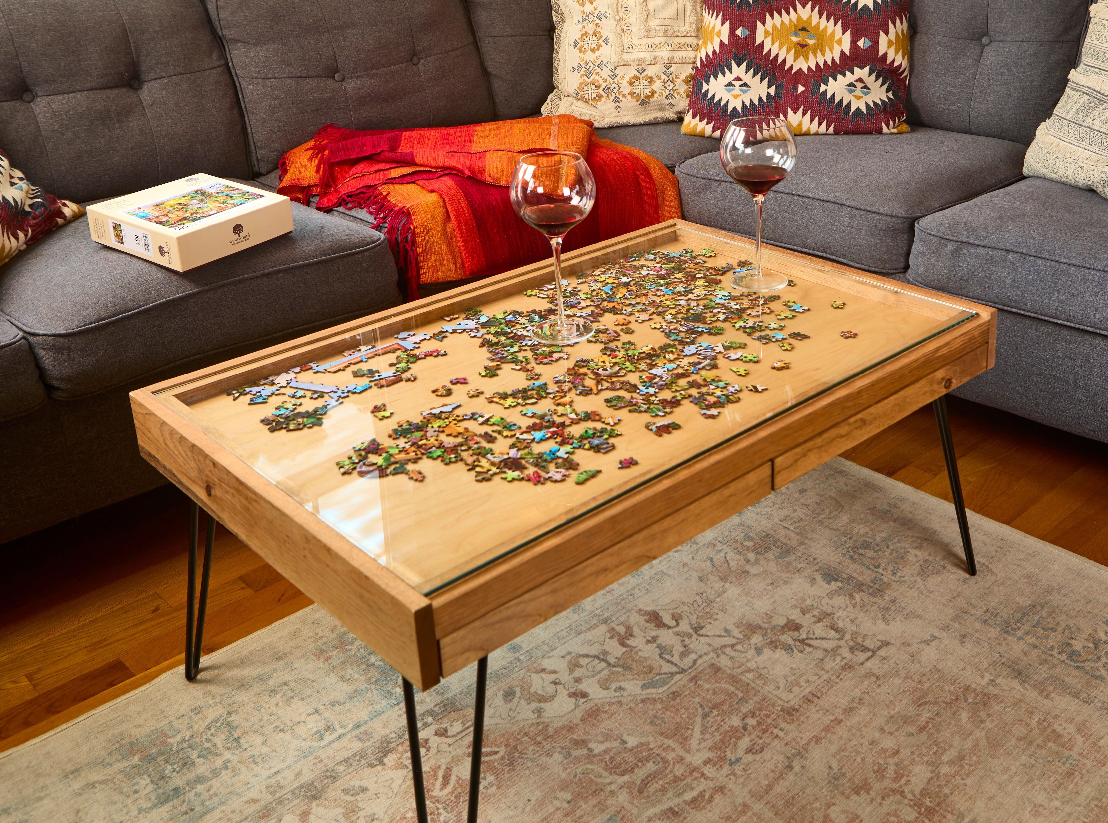 Rustic Puzzle Coffee Table with removable glass top - includes 2 hidden drawers - 24x36"