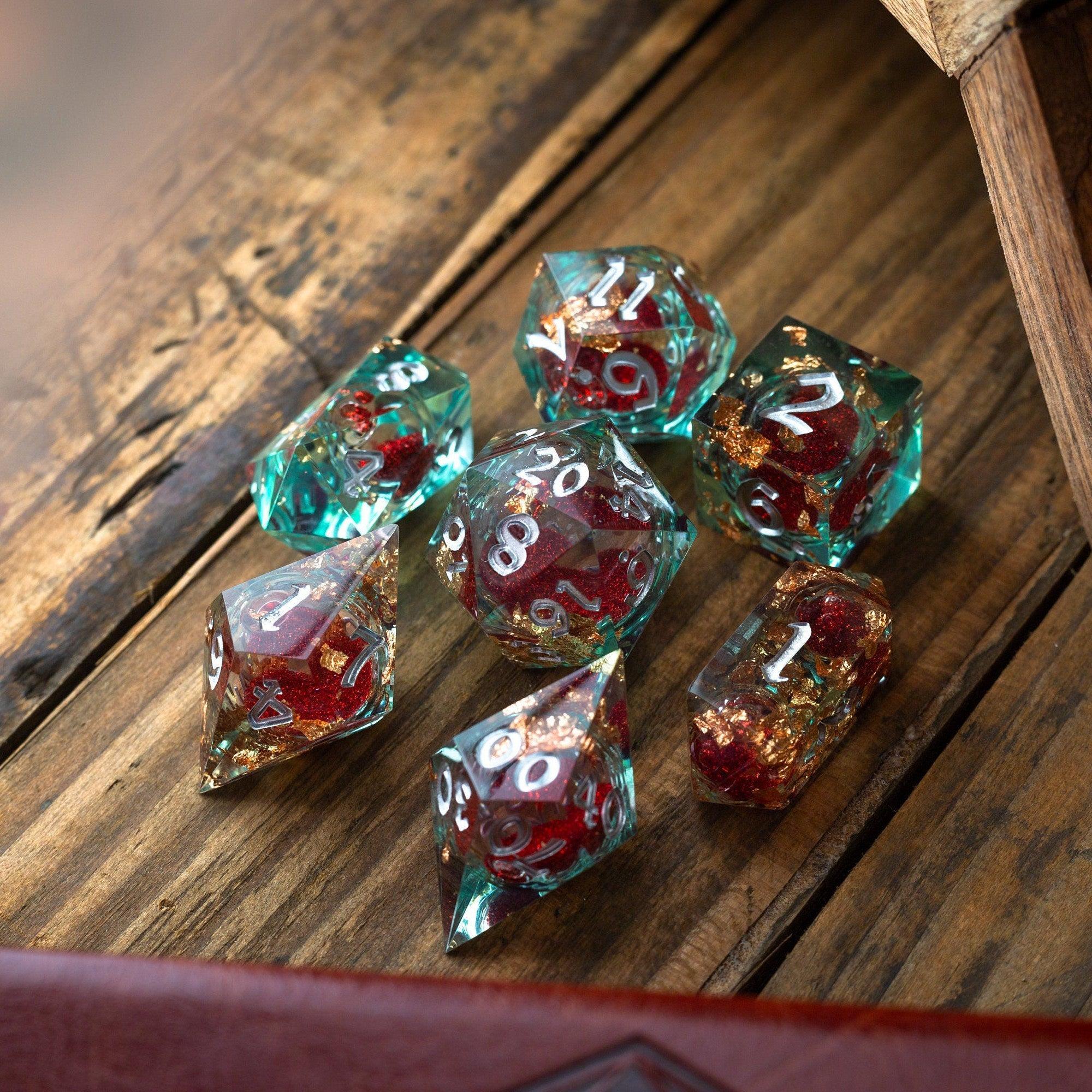 Red And Gold Glitter Liquid Core Handmade Resin DND Dice Set - 0