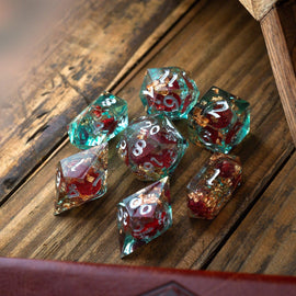 Red And Gold Glitter Liquid Core Handmade Resin DND Dice Set - Bards & Cards