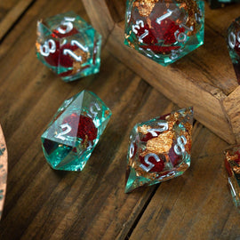 Red And Gold Glitter Liquid Core Handmade Resin DND Dice Set - Bards & Cards