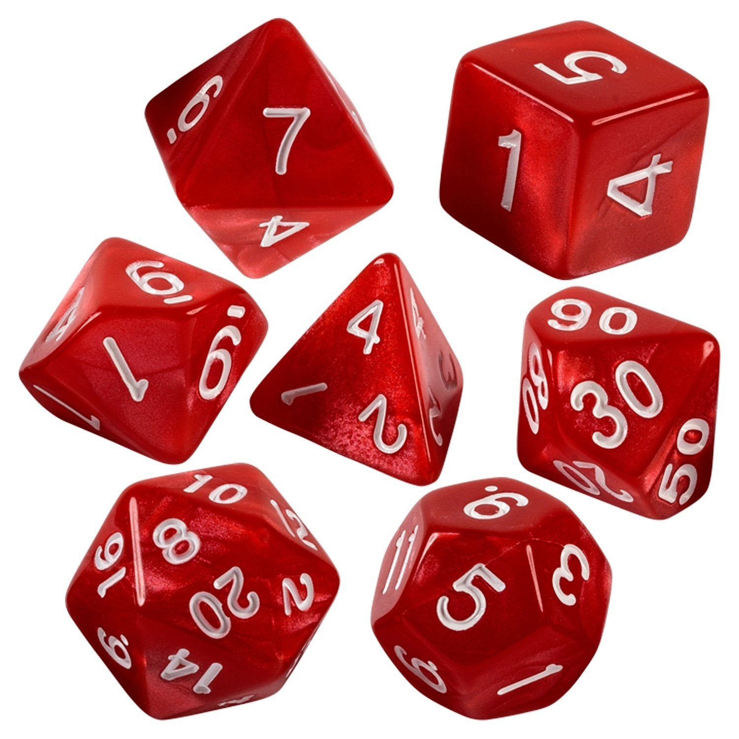 Red Marbled Dice - 7 Piece Set With Bag - Bards & Cards