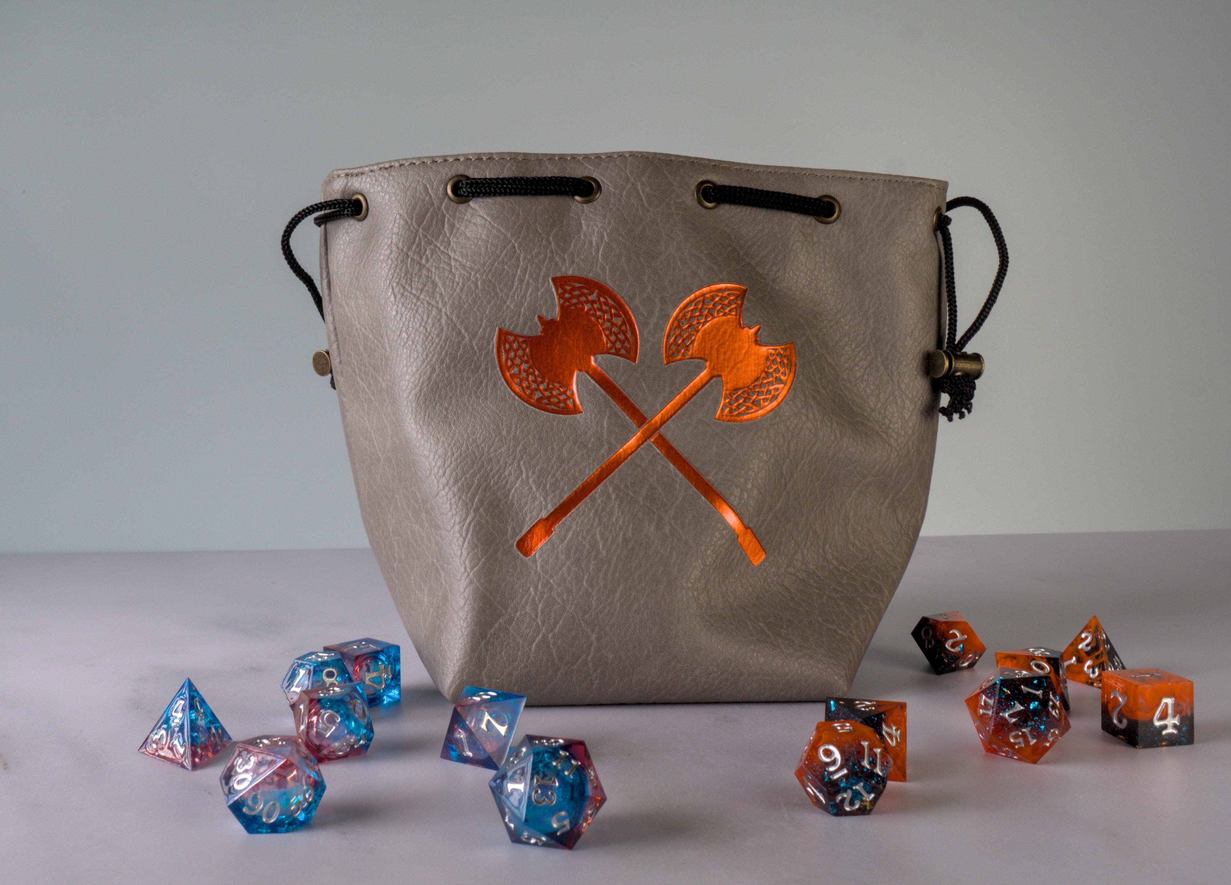 Grey Leather-Lite Giant Axe Self-Standing Large Dice Bag - Bards & Cards