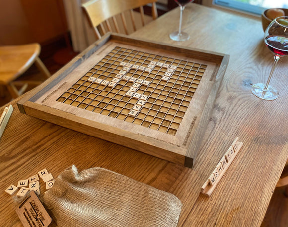 Rustic Wooden Scrabble Board with Rotating Lazy Susan - letter tiles and tile holders included. 100% Made in the USA - Bards & Cards