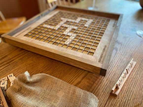 Rustic Wooden Scrabble Board with Rotating Lazy Susan - letter tiles and tile holders included. 100% Made in the USA - Bards & Cards