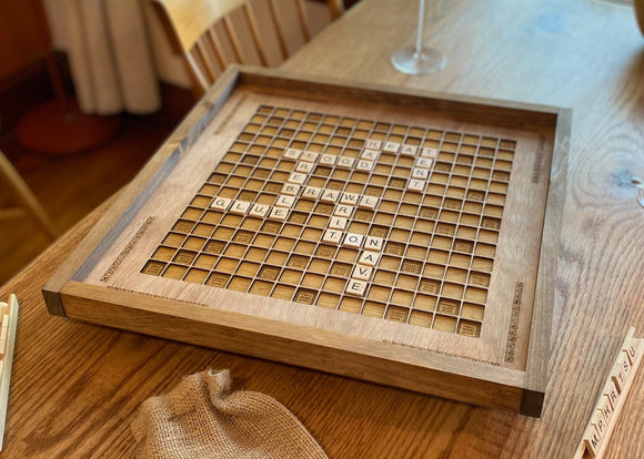 Rustic Wooden Scrabble Board with Rotating Lazy Susan - letter tiles and tile holders included. 100% Made in the USA - Bards & Cards