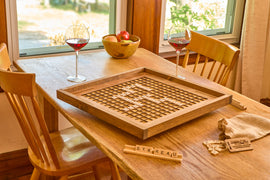 Rustic Wooden Scrabble Board with Rotating Lazy Susan - letter tiles and tile holders included. 100% Made in the USA - Bards & Cards