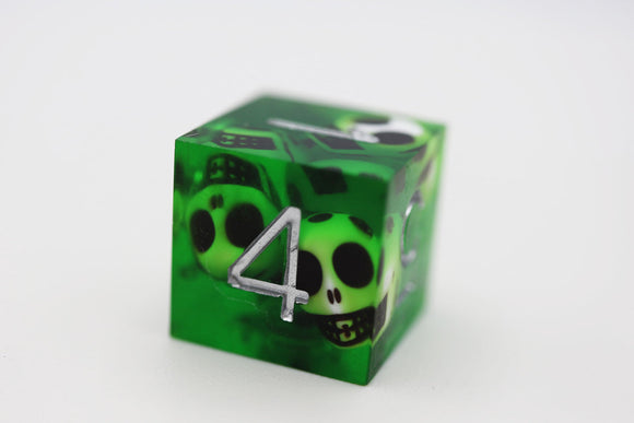 Sharp Edge Resin RPG Dice Set - Green Skulls - Bards & Cards