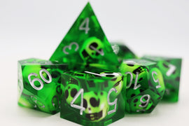 Sharp Edge Resin RPG Dice Set - Green Skulls - Bards & Cards