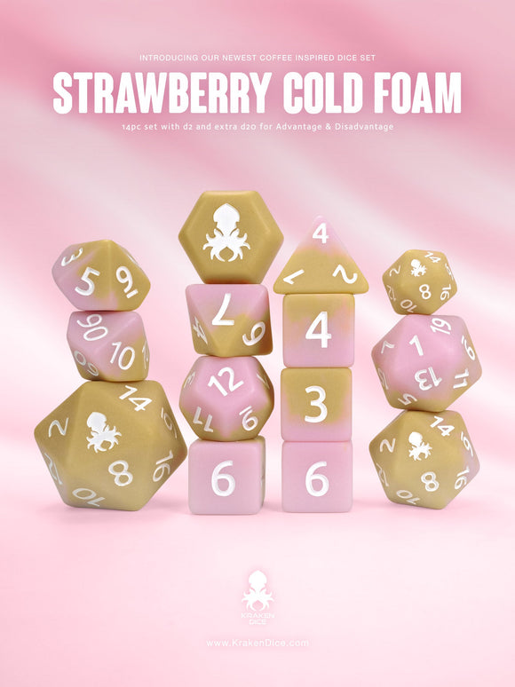 Strawberry Cold Foam Matte 14pc Dice Set inked in White - Bards & Cards