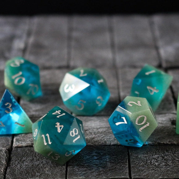Synthetic Gemstone Two Tone Blue/Green Hand Carved DND Dice Set - Bards & Cards