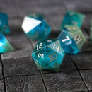 Synthetic Gemstone Two Tone Blue/Green Hand Carved DND Dice Set - Bards & Cards