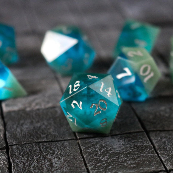 Synthetic Gemstone Two Tone Blue/Green Hand Carved DND Dice Set - Bards & Cards